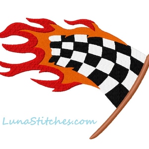 May include: A black and white checkered flag with orange and red flames on the left side. The flag is attached to a brown stick.