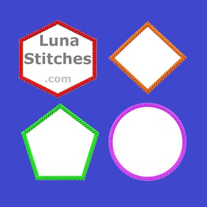 May include: Four different coloured rope frames, a red hexagon, an orange diamond, a green pentagon, and a purple circle. The red hexagon has the text "Luna Stitches .com" inside.