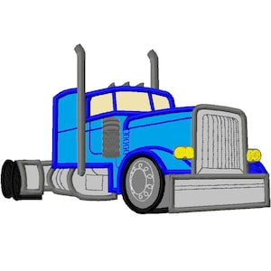Op de afbeelding: Een blauwe vrachtwagen met een grijze grille en gele koplampen. De vrachtwagen heeft een grote cabine en een lange aanhanger.