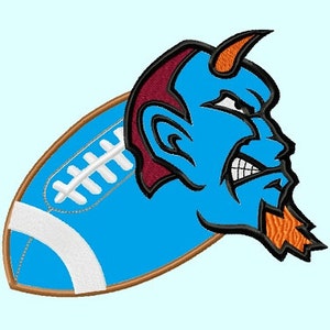 Könnte beinhalten: Ein blauer und weißer Fußball mit einem blauen Teufelskopf als Maskottchen oben drauf. Der Teufel hat einen roten und orangefarbenen Bart und Hörner.