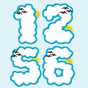 以下が含まれることがあります： 青い輪郭と黄色い太陽と黒い鳥がそれぞれに描かれた、白い雲の形をした4つの数字、1、2、5、6。数字は薄い青色の背景の上にあります。