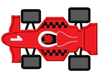 May include: A red race car with a black checkered pattern on the side and the number "1" on the front. The car has four black wheels and a white interior.