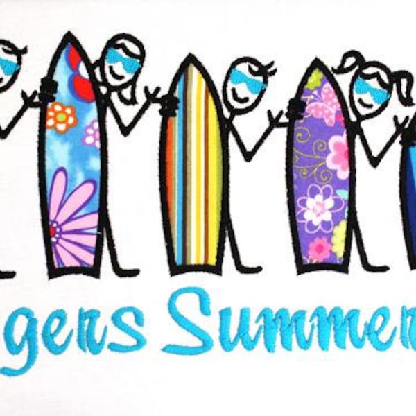 The Stick People Summer Surfers Family Embroidery APPLIQUE Designs 5 designs INSTANT DOWNLOAD