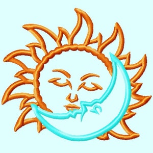 May include: An orange sun with a smiling face is being kissed by a light blue crescent moon.