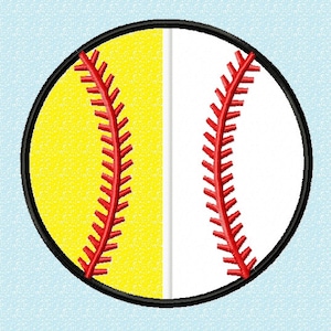 Può includere: Una palla da baseball bianca e gialla con cuciture rosse. La palla è divisa a metà, con il lato sinistro giallo e il lato destro bianco.