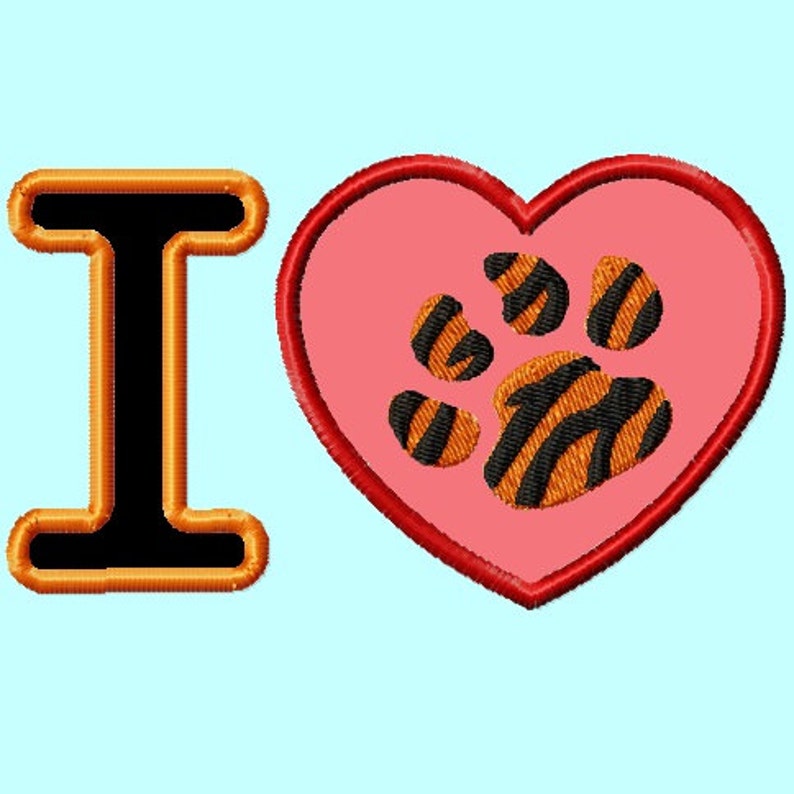 I LOVE Tiger Heart Paws Embroidery Designs 4,5,6,7,8 inches included INSTANT DOWNLOAD image 1