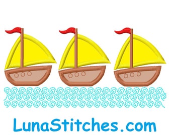Three Sailing Boats APPLIQUE Embroidery Design 4 sizes  INSTANT DOWNLOAD