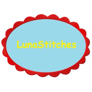 May include: A red scalloped oval with a light blue background and the text "LunaStitches" in yellow.