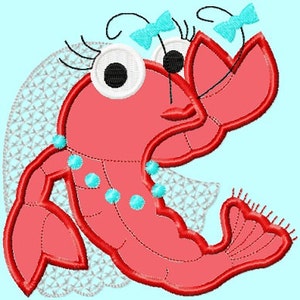 Crawfish or Lobster Bride Applique Embroidery Designs 4 sizes   INSTANT DOWNLOAD