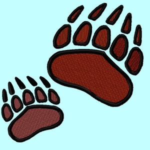 May include: Two brown bear paw prints with black outlines. The larger paw print is on the right and the smaller paw print is on the left.