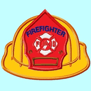 May include: Yellow and red firefighter helmet with a red patch that says "FIREFIGHTER" in blue letters and a white "FD" logo with a fire hydrant in the center.