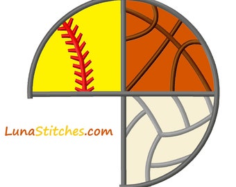 Embroidery Design File Sports Ball Softball Basketball Volleyball Applique Embroidery Design,  3 sizes  INSTANT DOWNLOAD