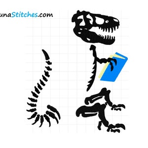 May include: Black and white silhouette of a dinosaur skeleton reading a blue book. The dinosaur is standing on its hind legs and holding the book in its front paws. The dinosaur's tail is curled behind it.