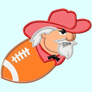 May include: A cartoon illustration of a football coach wearing a red cowboy hat and a red and orange football jersey. The coach has a white beard and a stern expression on his face.