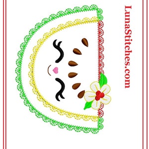 May include: A digital embroidery design of a smiling watermelon with a flower on the side. The watermelon is outlined in green and yellow. The design is perfect for creating a cute and summery project.