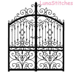 May include: Black wrought iron gate with a decorative arched top and intricate scrollwork. The gate is made of two panels with a central hinge.