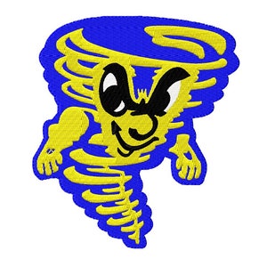 May include: A yellow cartoon tornado with a blue background and a mischievous grin. The tornado has a yellow body with black eyes and a black mouth.