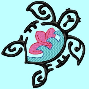 May include: Black and white stylized illustration of a sea turtle with a pink flower and blue wave design inside the shell.