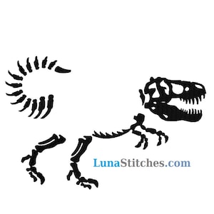 May include: Black and white silhouette of a dinosaur skeleton with a curled tail. The skeleton is in a walking pose with its head turned to the side. The text "LunaStitches.com" is visible below the skeleton.
