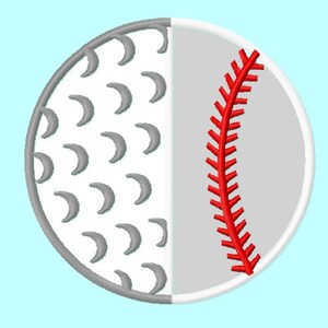 Könnte beinhalten: Ein weißer und grauer Baseball mit roten Nähten. Die Hälfte des Baseballs ist ein Golfball mit Dimples.