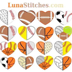 16 Designs Bundle Set, Sports Hearts Applique Embroidery Design INSTANT DOWNLOAD football soccer baseball softball golf basketball tennis