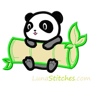 Uroczy mały miś panda z aplikacją z bambusa do haftu NATYCHMIASTOWE POBIERANIE