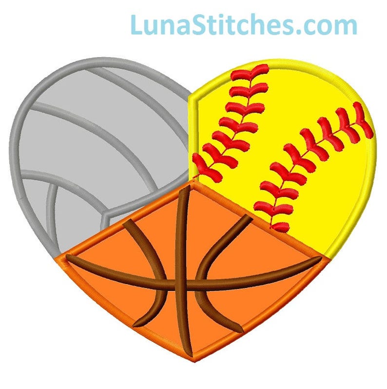 Volleyball Basketball and Softball Heart Applique Embroidery Etsy