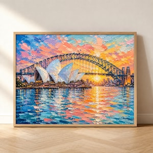 May include: An oil painting on canvas depicting the Sydney Opera House and Harbour Bridge at sunset. The scene features thick, textured brushstrokes in vibrant shades of orange, pink, yellow, and blue, reflecting the light across the water.