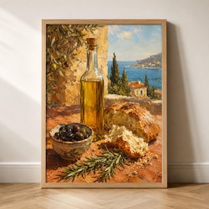 May include: An oil painting depicting a clear glass bottle of golden olive oil, a small ceramic bowl filled with dark olives, a loaf of crusty bread, and fresh rosemary sprigs on a stone surface, with a coastal Mediterranean landscape in the background.