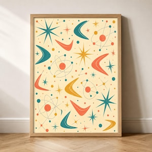 May include: A rectangular wall art print featuring a cream-colored background with a repeating pattern of teal, orange, and yellow mid-century shapes including boomerangs, multi-pointed stars, and atomic orbital structures with small dots.