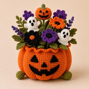 Könnte beinhalten: Ein gehäkeltes Halloween-Gesteck mit einer großen orangefarbenen Kürbisbasis mit aufgesticktem schwarzem Gesicht. Der Strauß enthält einen kleinen orangefarbenen Kürbis, zwei weiße Geister, violette und orangefarbene Blumen sowie grüne Blätter.