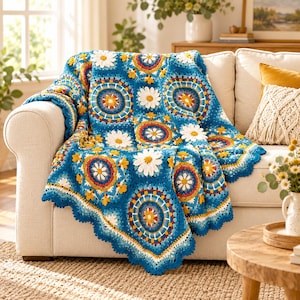 May include: A crochet blanket featuring a repeating pattern of circular motifs in shades of blue, yellow, and white, interspersed with white daisy-like flower squares, finished with a scalloped edge in a deep blue yarn.
