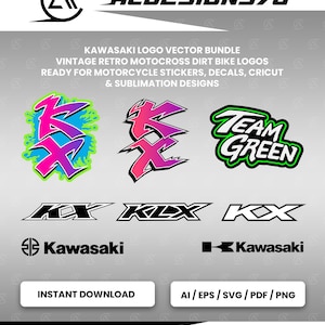 Op de afbeelding: Een digitaal vectorpakket met Kawasaki-logo-ontwerpen, inclusief gestileerde KX- en KLX-tekst, Team Green-afbeeldingen en diverse merklogo's in roze, paars, groen en zwart. De afbeelding bevat de tekst ACDESIGNS70, KAWASAKI LOGO VECTOR BUNDLE, VINTAGE RETRO MOTOCROSS DIRT BIKE LOGOS, INSTANT DOWNLOAD en AI / EPS / SVG / PDF / PNG.