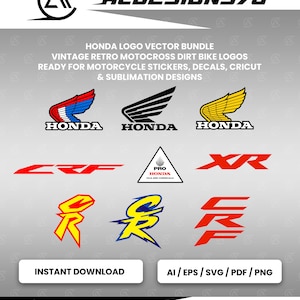 Peut inclure: Un ensemble de vecteurs numériques présentant divers logos de motos Honda, incluant des emblèmes ailés en rouge, bleu, noir et jaune, ainsi que des graphiques CRF et XR, un logo triangulaire Pro Honda et des lettres CR stylisées en rouge, jaune et bleu.