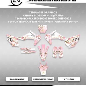 Puede incluir: Un conjunto de plantillas gráficas digitales para motocicletas Husqvarna TE-FE-TC-FC 250-300-350-450, años 2019-2023. El diseño presenta un fondo blanco con ramas de cerezo en flor de color rosa. Incluye archivos vectoriales en AI, EPS y PDF.