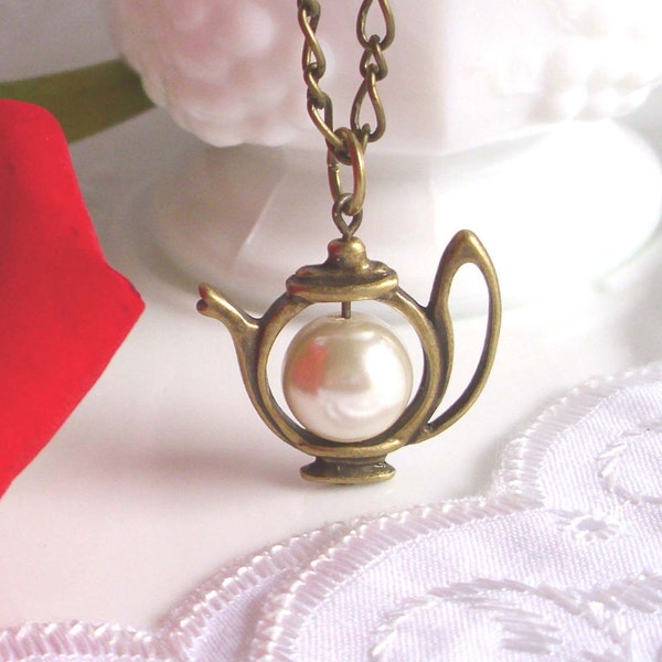 Bronze Teapot Necklace with Ivory Glass Pearl - Item 027