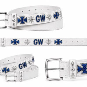 Custom Studded Leather Belt, HandMade Belt, White Blue Python Inlays, Crystal Starburst Buckle