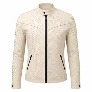 Mens Python Print Genuine Leather Jacket, Handmade Slim Fit Moto Jacket