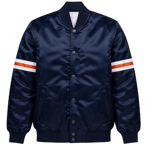 Navy Satin Varsity Jacket | Orange & White Stripe Bomber | Retro Streetwear Coat
