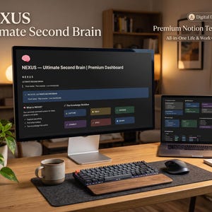 May include: A digital Notion template titled NEXUS Ultimate Second Brain displayed on a computer monitor and laptop screen. The interface features a dark theme with colorful workflow buttons, a brain icon, and text labels for life and work organization.