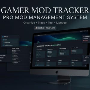 May include: A digital Gamer Mod Tracker Pro Mod Management System Notion template displayed on a computer monitor. The interface features a dark theme with green accents, organizing game libraries, mod databases, collections, conflicts, and updates.