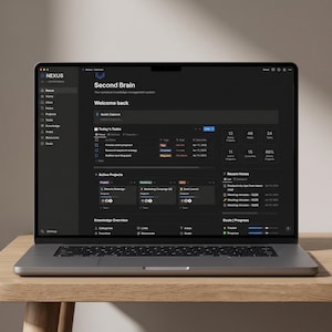 May include: A laptop displaying a dark-themed digital dashboard titled Second Brain. The interface features a sidebar with navigation icons, a task list, project cards, and progress trackers. The screen displays text including Nexus, Quick Capture, Today's Tasks, Active Projects, Recent Notes, and Goals/Progress.