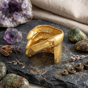 May include: A gold-toned cuff bracelet featuring a textured, organic surface and a hinged closure mechanism. The bracelet has a wide, sculptural design with a polished finish on the outer edges and a rough, granular texture on the inner section.