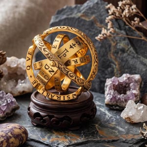 May include: A gold-coloured metal armillary sphere featuring intricate engraved patterns and embossed letters. The spherical object is composed of multiple interlocking rings and rests securely on a dark, circular wooden display base.