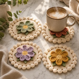 May include: Four round, cream-colored crocheted coasters with scalloped edges and small gold beads. Each coaster features a central three-dimensional flower in green, terracotta, purple, or yellow, with green leaves underneath the petals.