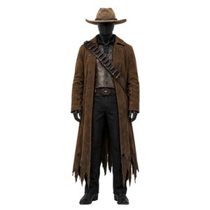 May include: A brown cowboy hat, a long distressed brown duster coat with a frayed hem, a dark vest, a dark shirt, black trousers, and a bandolier with bullet casings worn across the chest, displayed on a black mannequin against a white background.