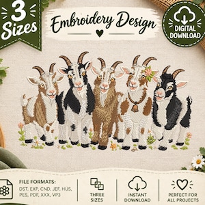 Goat Embroidery Design, Goat Machine Embroidery, Farm Animal Embroidery, 3 Sizes, Instant Download