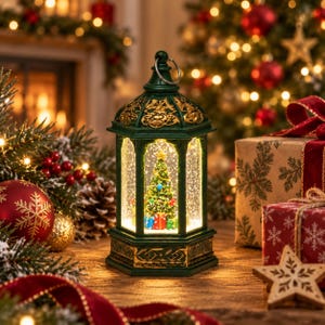 May include: A hexagonal lantern with a dark green frame and gold accents containing a miniature Christmas tree surrounded by colourful gift boxes. The interior is filled with swirling glitter, and a metal ring is attached to the top of the lantern.