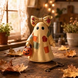 Puede incluir: Una figura de fantasma color crema con un lazo grande en la cabeza decorado con rosas rojas. El fantasma tiene ojos negros circulares y viste una túnica estilo patchwork con cuadrados naranjas y verdes. Sostiene un pequeño cubo de calabaza naranja.