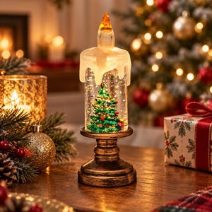 Puede incluir: Una bola de nieve cilíndrica de cristal con forma de vela y una parte superior en forma de llama, que contiene un árbol de Navidad verde en miniatura con purpurina. El globo se asienta sobre una base de pedestal marrón oscuro texturizada.